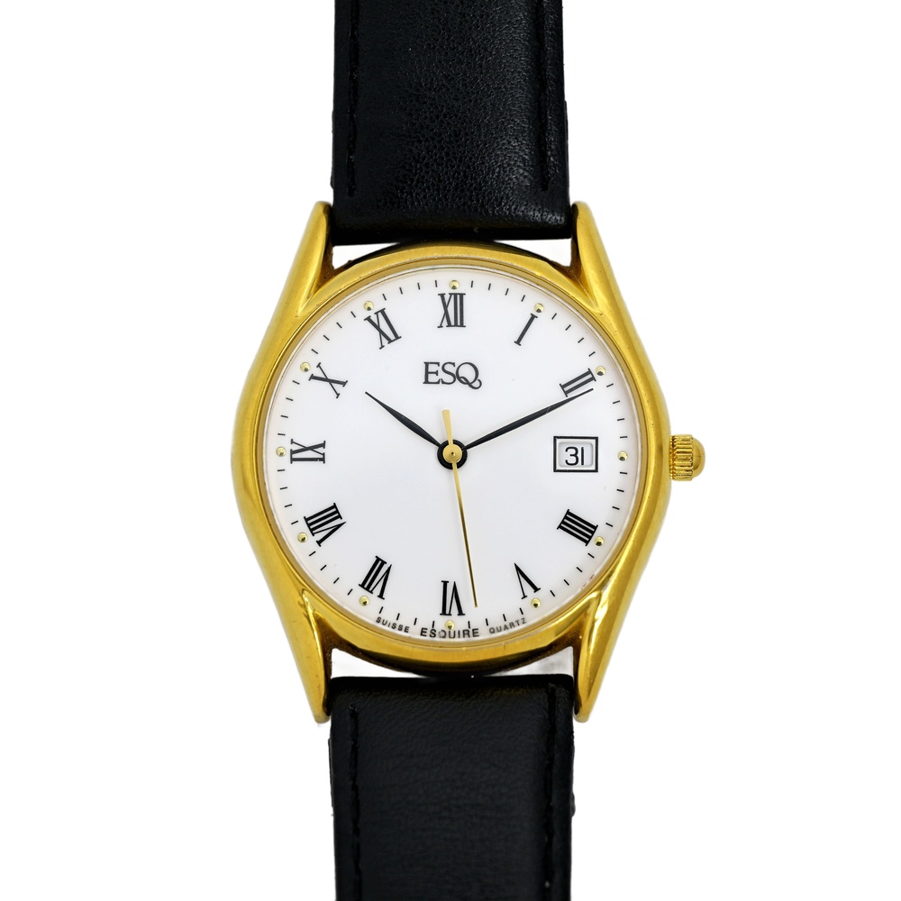 ESQ Movado Vintage Dress Watch White Dial Gold Plated Case 33mm